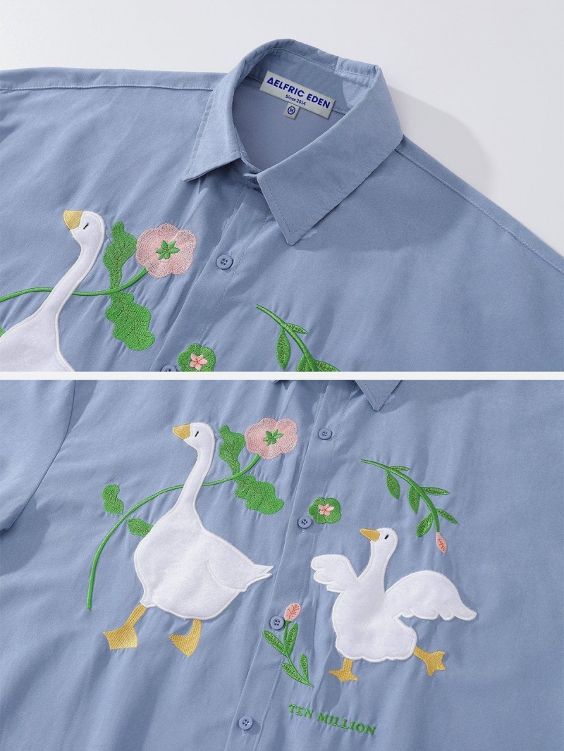 Chemise à Manches Courtes Aelfric Eden Embroidery Goose Bleu | EWH-63278842